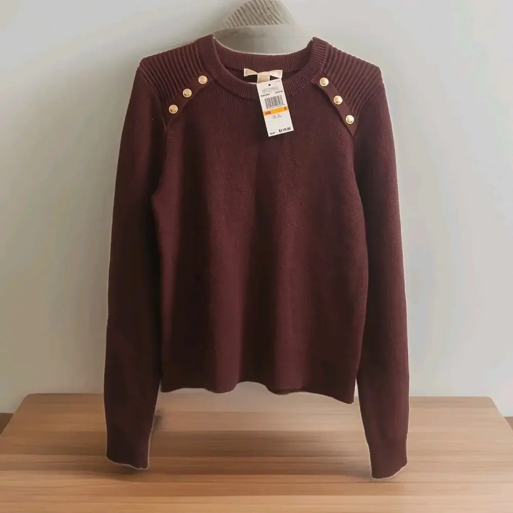 MICHAEL KORS Women's Crew Neck Pullover Sweater Gold Buttons Burgundy Sz S